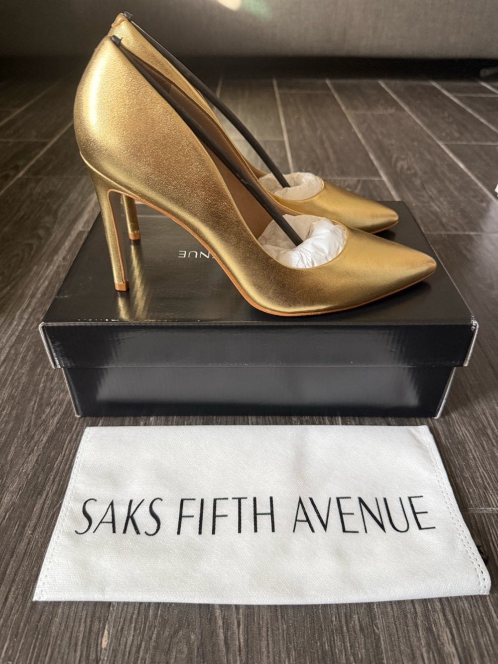 Saks Fifth Avenue Gold Pointed Stiletto Pumps